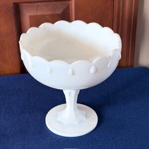 Vintage Indiana Glass Milk Glass Teardrop Pedestal Bowl Scalloped Compote Bowl